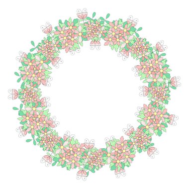 Fantezi çiçekli, düz çizgi film tarzında güzel bir desen. Geleneksel çiçek çelengi. Moda, kartlar, davetiyeler için harika. Vektör illüstrasyonu