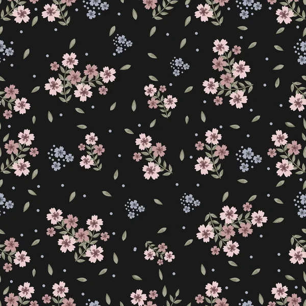 Siyah arka planda pastel renklerde narin çiçekleri olan kusursuz bir desen. Vektör illüstrasyonu