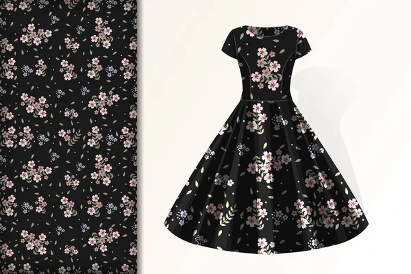 Siyah arka planda güzel çiçekleri olan kusursuz desen ve kumaş ve baskı kağıdı için elbise tasarımı konsepti, vektör illüstrasyonu