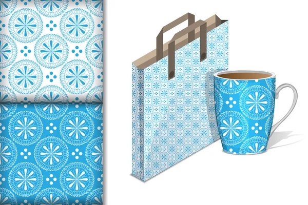 Two seamless patterns with beautiful flowers on a white and blue background, Bag and Cup mockup, design concept for fabric and print paper, vector illustration — ストックベクタ