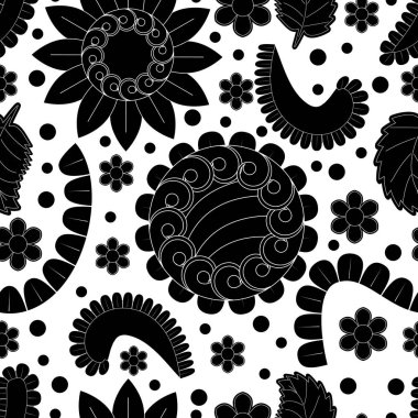 Beyaz arka planda siyah beyaz çiçek desenleri çizen, kumaş ve baskı kağıdı için numune alan bir demet pürüzsüz çiçek. Vektör illüstrasyonu