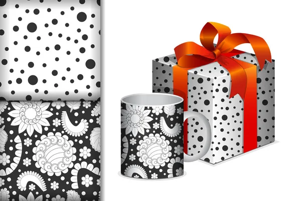 两种无缝图案，在白色背景上画着黑白两种颜色的花，有礼品和杯子模型，织物和印刷品的设计概念，矢量图解 — 图库矢量图片