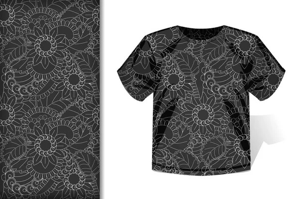 Naadloos patroon met tekening bloemen in zwart-wit kleur op witte achtergronden, T-shirt en mockup, ontwerp concept voor het ontwerp van stof en papier voor het afdrukken, vector illustratie — Stockvector