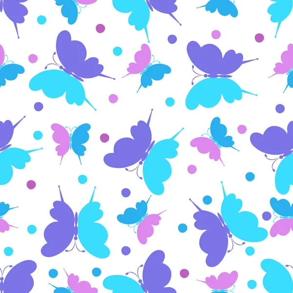 Padrão sem costura com ornamento borboleta em tons roxos, rosa e azul claro rosa em um fundo branco. Ilustração vetorial — Vetor de Stock