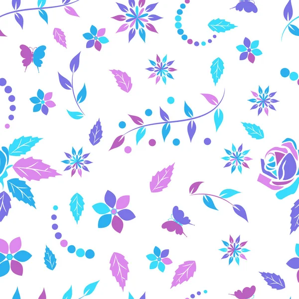 Sömlös mönster med öppet arbete blommig prydnad i lila, rosa och ljusblå rosa toner på en vit bakgrund. Vektorillustration — Stock vektor