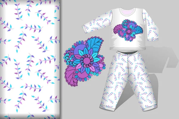 Pembe, açık mavi ve açık mavi tonlarda çiçek desenli kusursuz desen ve çiçek etiketi ve pijama modeli, kumaş ve baskı kağıdı tasarım konsepti, vektör illüstrasyonu