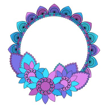 Çok renkli desen veya çiçeklerin pembe, mor ve mavi renkli çerçeve, vektör çizimi