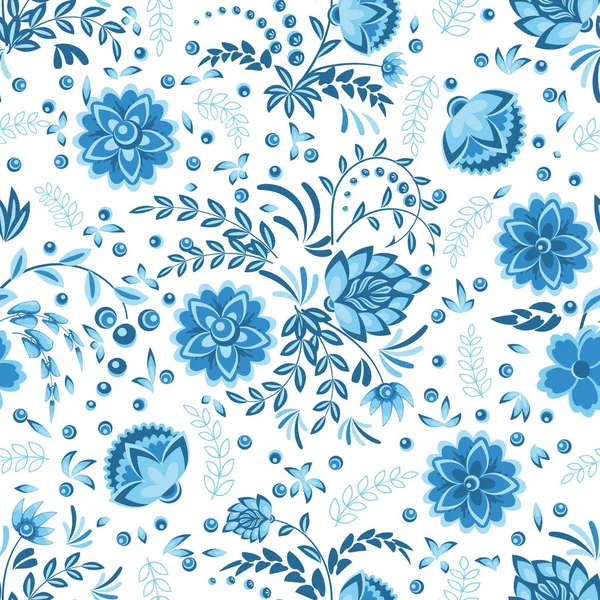 Modello senza cuciture con ornamento floreale traforato in blu, azzurro e bianco in stile gzhel. Illustrazione vettoriale — Vettoriale Stock