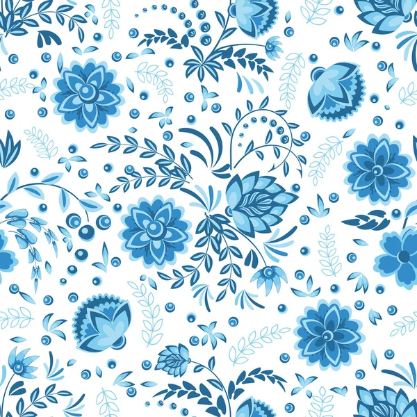 Płynny wzór z ażurową ozdobą kwiatową w kolorze niebieskim, jasnoniebieskim i białym w stylu gzhel. Ilustracja wektora Wektor Stockowy