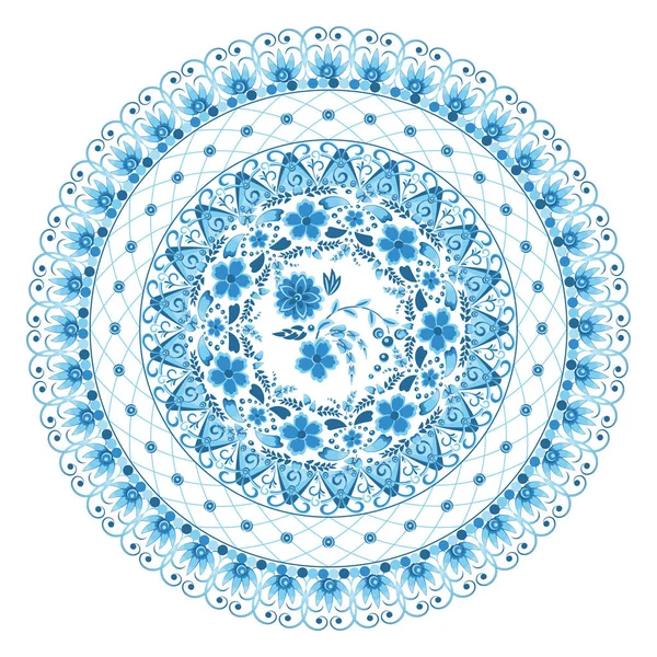 Körkörös nyílás virágdísz kék és világoskék tónusú gzhel stílusban, fehér alapon. Vektorillusztráció — Stock Vector