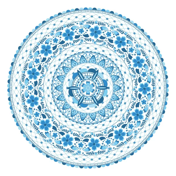 Cirkulär blommig prydnad i blå och ljusblå toner toner i gzhel stil på en vit bakgrund. Vektorillustration — Stock vektor
