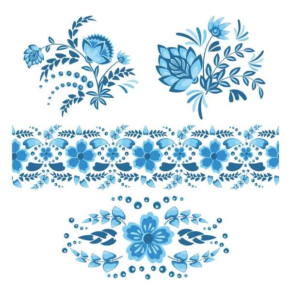 Zestaw wzorów dla projektowania w odcieniach niebieskiego i jasnoniebieskiego w stylu gzhel na białym tle. Ilustracja wektora Ilustracje Stockowe bez tantiem