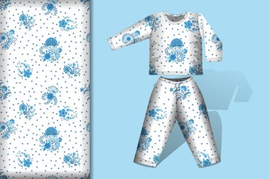 Beyaz arkaplanda mavi ve açık mavi renkli çiçeklerle kusursuz desen, ve pijama modeli, kumaş ve baskı kağıdı için tasarım konsepti, vektör çizimi