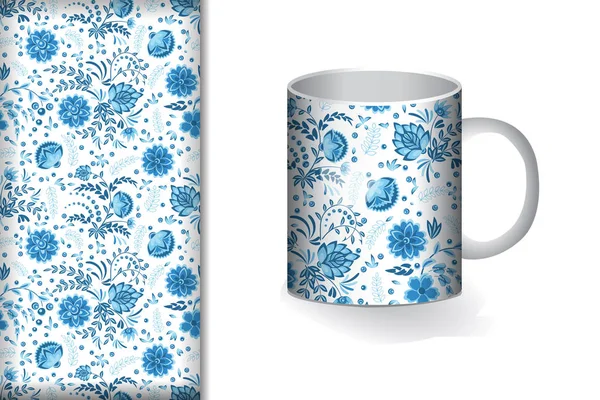 Padrão sem costura com belas flores em azul e azul claro cores em estilo gzhel em um fundo branco com caneca mockup, conceito de design para tecido e papel de impressão, ilustração vetorial — Vetor de Stock