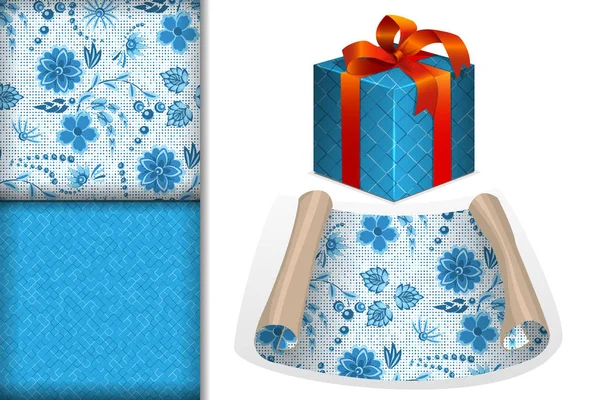 Zwei nahtlose Muster mit Blumen in blauen und hellblauen Farben im Gzhel-Stil auf weißem Hintergrund, Papierrolle und Geschenk und Attrappe, Designkonzept für die Gestaltung von Stoff und Papier für den Druck, Vektorillustration — Stockvektor