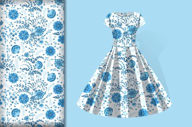 Beyaz arkaplanda mavi ve açık mavi renkli çiçeklerle kusursuz desen ve elbise modeli, kumaş ve baskı kağıdı tasarım konsepti, vektör illüstrasyonu