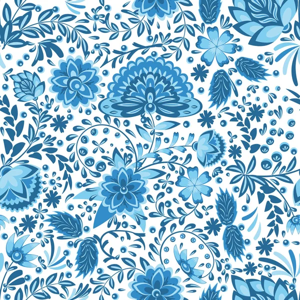 Modello senza cuciture con ornamento floreale traforato nei colori blu e azzurro in stile gzhel su uno sfondo bianco. Illustrazione vettoriale — Vettoriale Stock