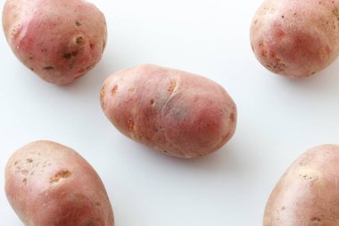 Bir sürü pis patateslerin üzerine beyaz bir arka plan. Beyaz bir arka plan üzerinde dağınık patates.