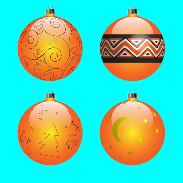 Image Vectorielle Ensemble Quatre Boules Noël Orange Avec Différents Motifs — Image vectorielle