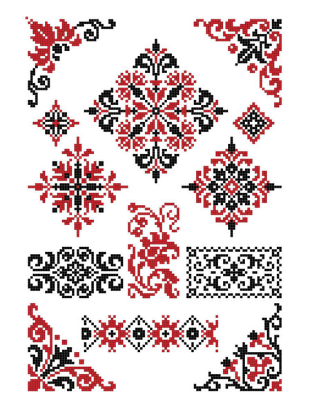 Vector drawing - set of decorative elements for design in the form of Slavic ethnic patterns for embroidery