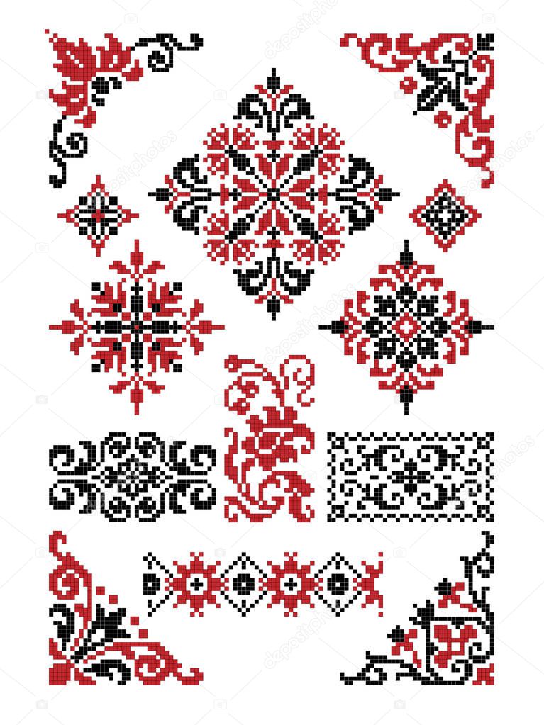 Vector drawing - set of decorative elements for design in the form of Slavic ethnic patterns for embroidery