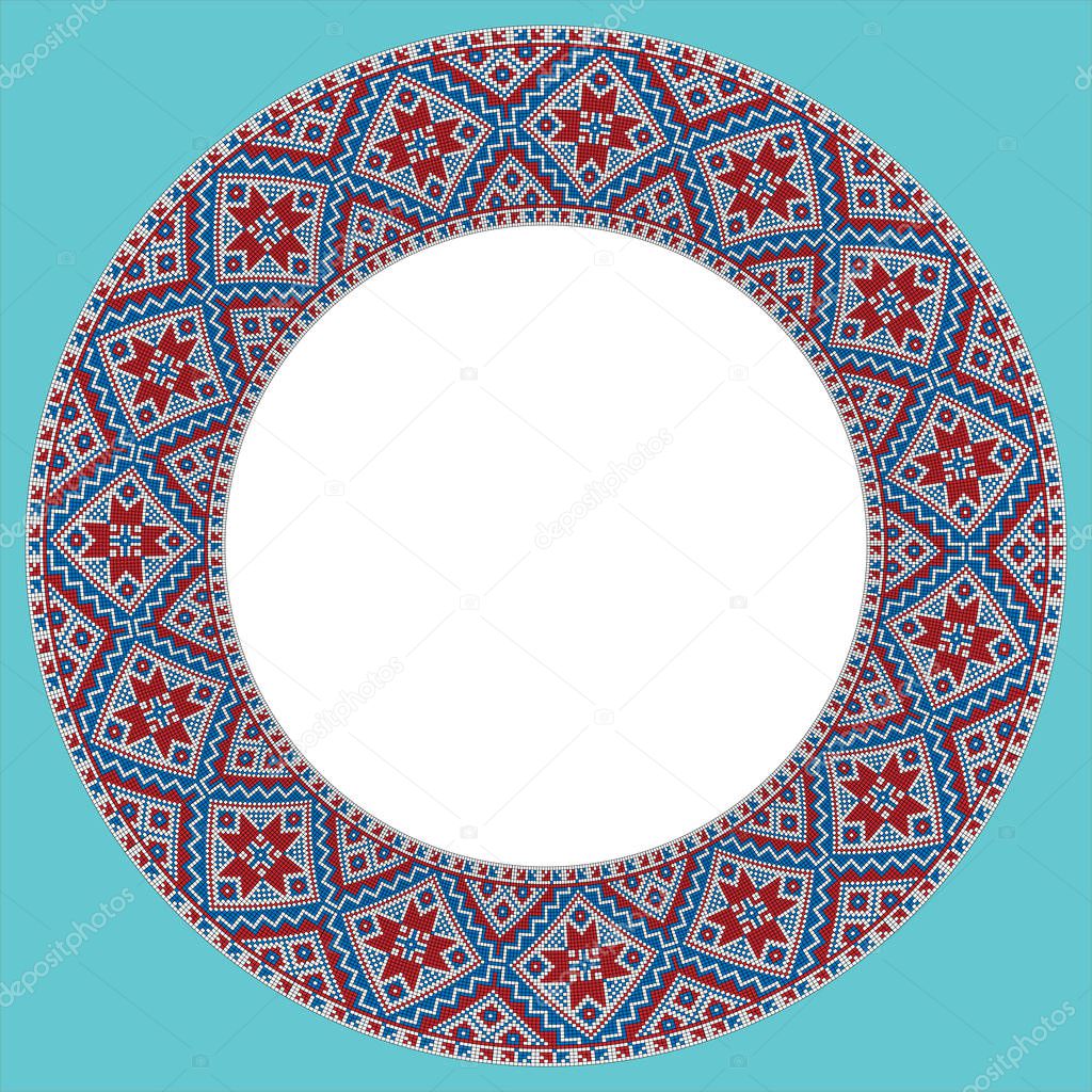 Vector drawing - a round frame with a traditional Russian pattern in red, blue and white colors. It can be used, for example, as a frame for a photograph.