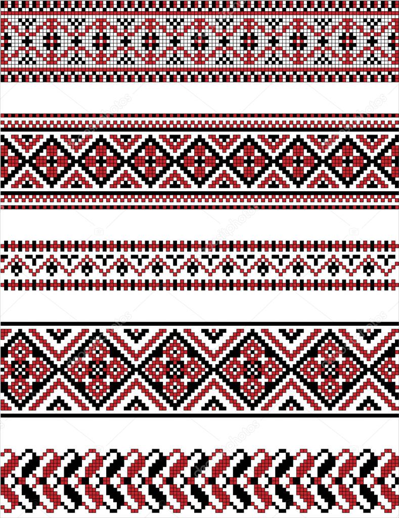 Vector pattern - a traditional repeating Slavic pattern in the form of stripes from mosaics of red, black and white colors.