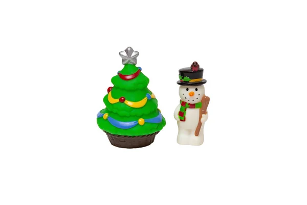 Children Toy Snowman Hat Stands Next Christmas Tree Decorated Christmas — Stock Photo, Image