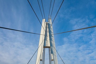 Beyaz metal direkler ve asma yaya köprüsünün çelik halatları mavi gökyüzüne karşı. Sana bir ağı hatırlatıyorlar..