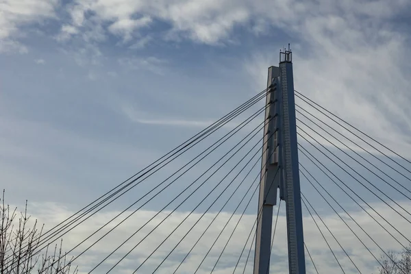 Pylon and steel cables of a suspension pedestrian bridge against a blue sky. Remind a web.