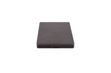 Beyaz izole bir arkaplan üzerinde gri harici sabit disk (ön görünüm)