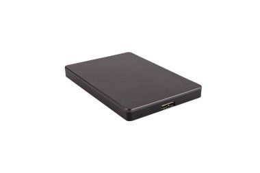 Beyaz izole bir arkaplan üzerinde gri harici sabit disk (yan görünüm)