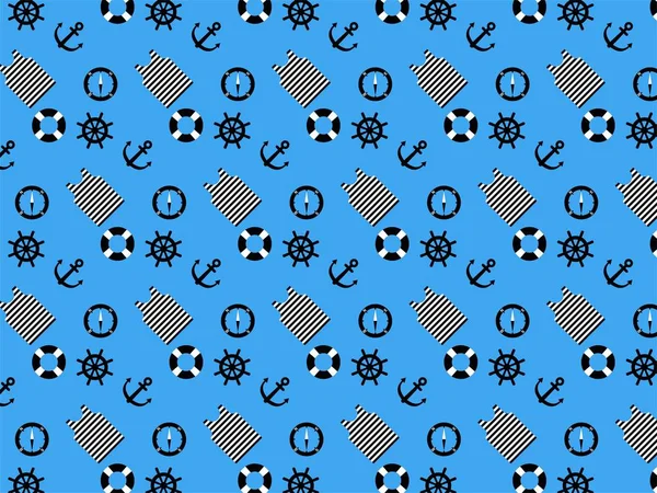 Motif Répétitif Noir Blanc Sur Thème Marin Sur Fond Bleu — Image vectorielle