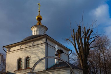 Ortodoks Kilisesi 'nin kubbesi. Kasvetli gökyüzüne karşı altın haçlar.