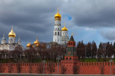 Moskova Kremlin manzarası, kale duvarı ve altın kubbeli kiliseler.