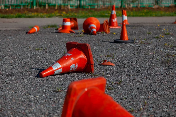 Old Damaged Traffic Cones Randomly Scattered Pavement — Stock Photo, Image