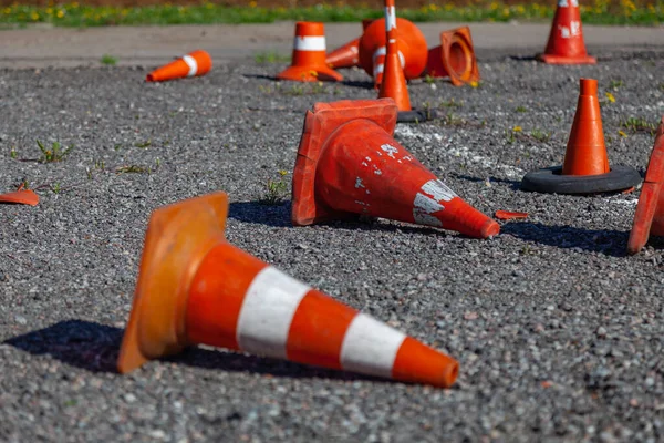 Large Number Old Plastic Road Cones Scattered Asphalt — Stock Photo, Image