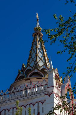 Peri masalı gibi beyaz renkli, yaldızlı rüzgar gülü bir kalenin sivri kulesi.