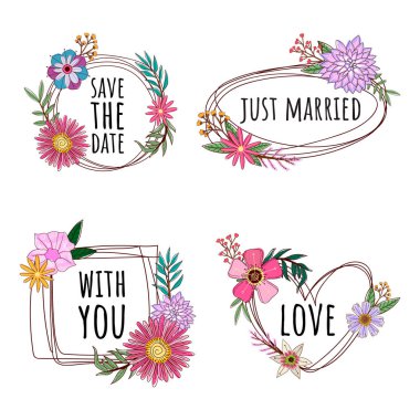 El çizimi gül çelenk ve çiçek öğeleri