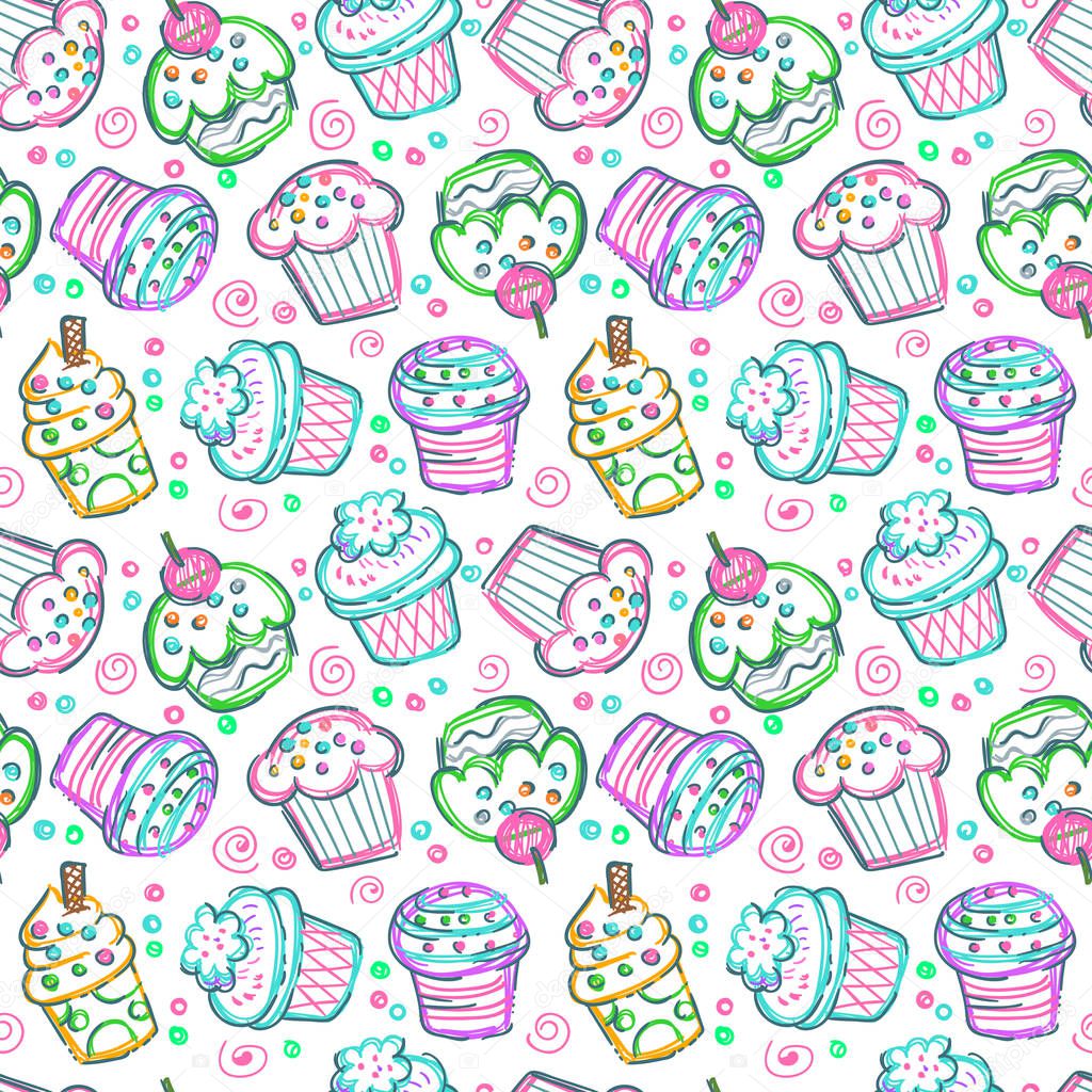 doodle cupcake seamless pattern