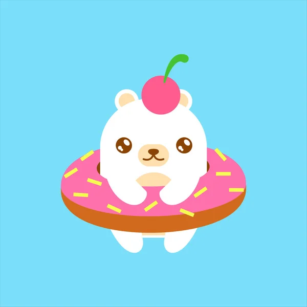 Pequeno urso polar bonito e donut desenho animado doodle vetor —  Vetores de Stock