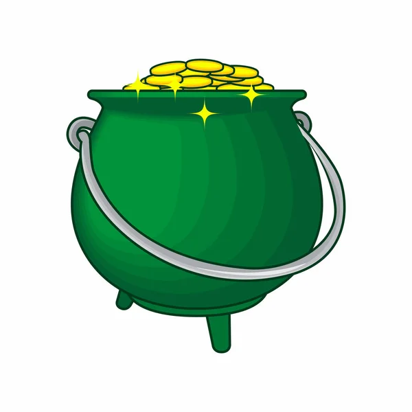 Großer grüner Topf gefüllt mit goldenen Münzen — Stockvektor