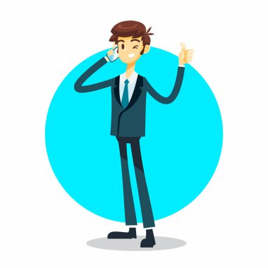 Cep telefonu pozu kullanan iş adamı çizgi film karakteri