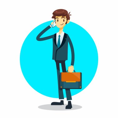 Cep telefonu pozu kullanan iş adamı çizgi film karakteri