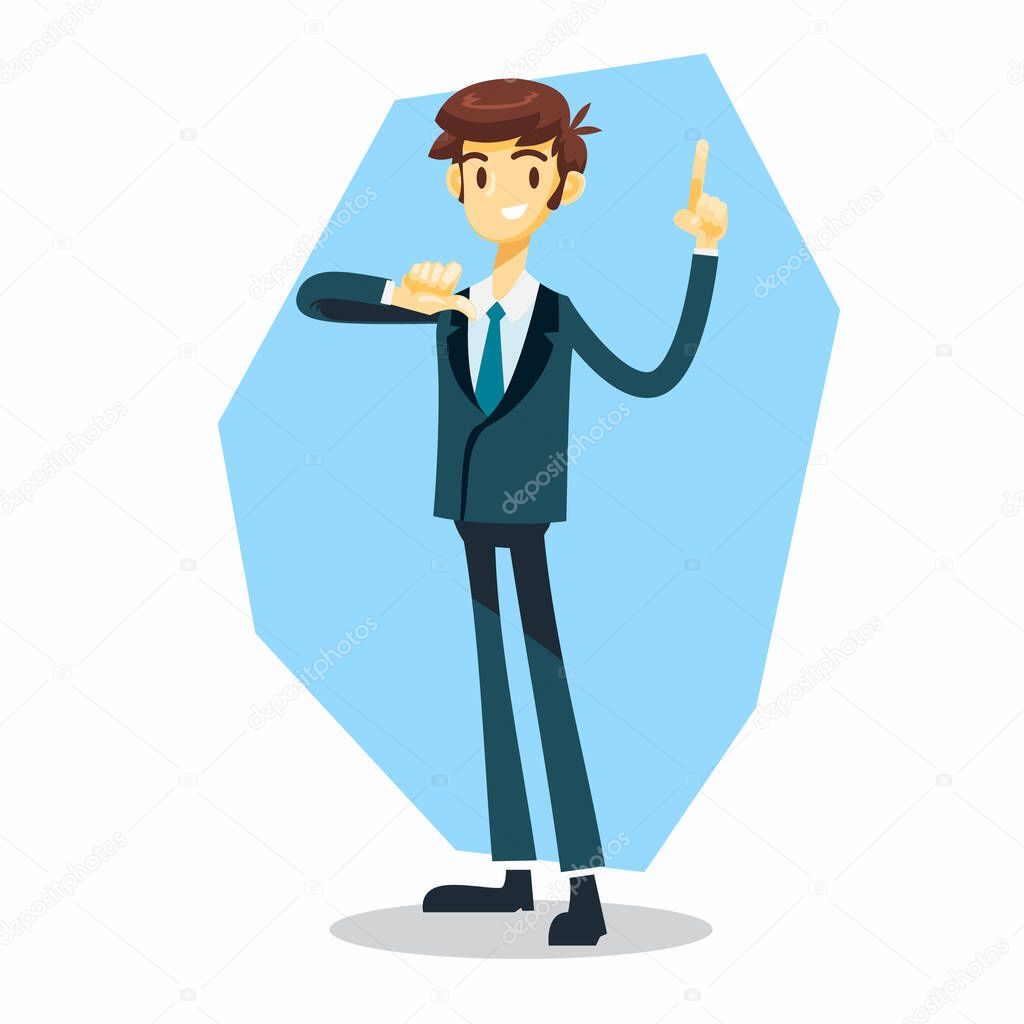 businessman cartoon character with proud and point his finger to the top pose