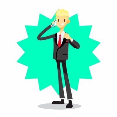 Cep telefonu pozu kullanan iş adamı çizgi film karakteri