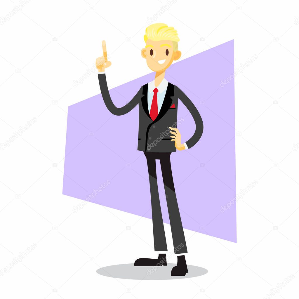 businessman cartoon character with point finger to the top pose