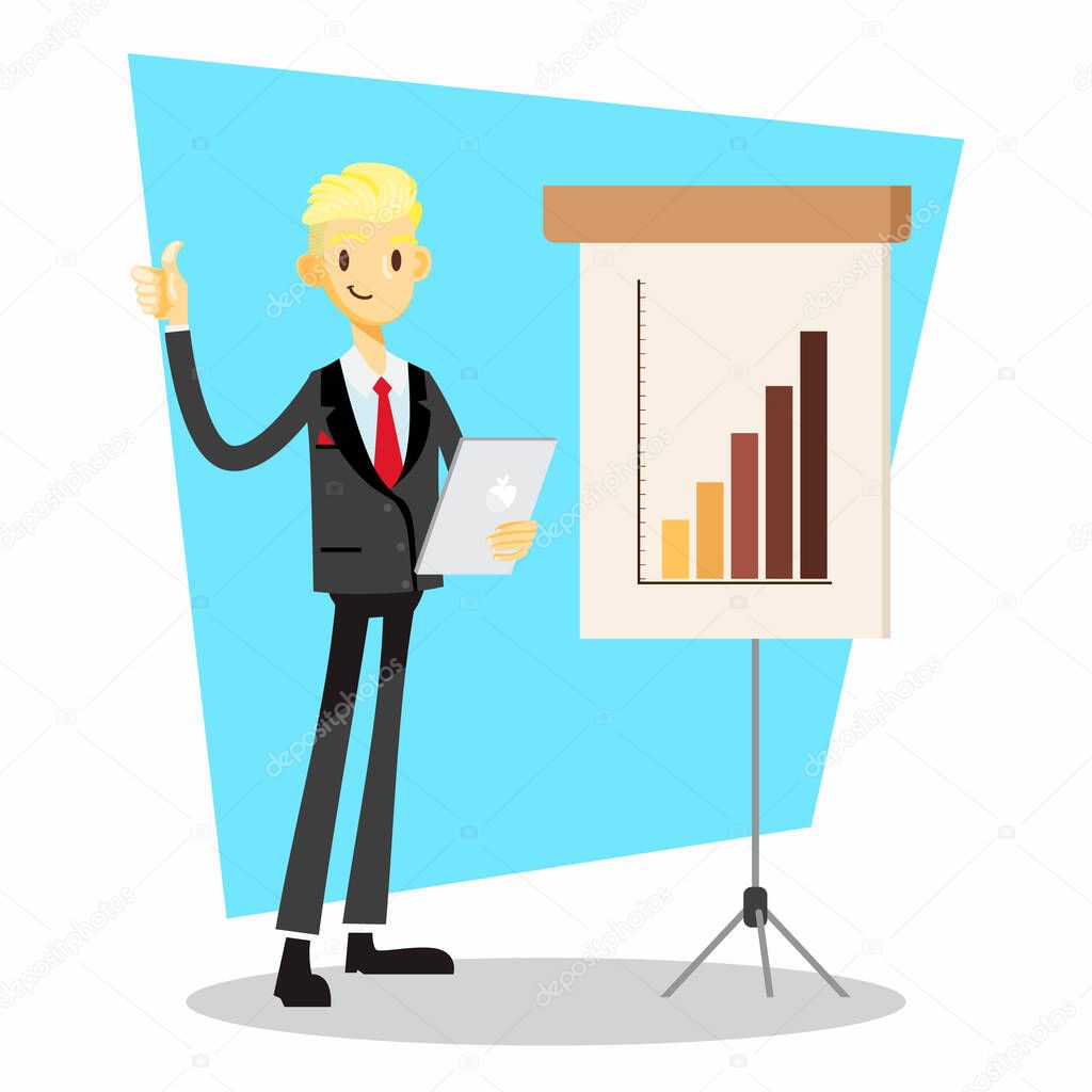 businessman cartoon character with thumbs up during presentation pose