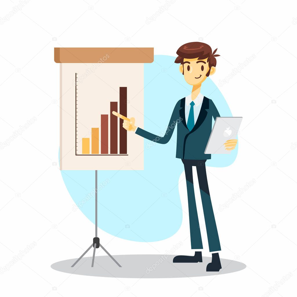 businessman cartoon character with point his finger during presentation pose