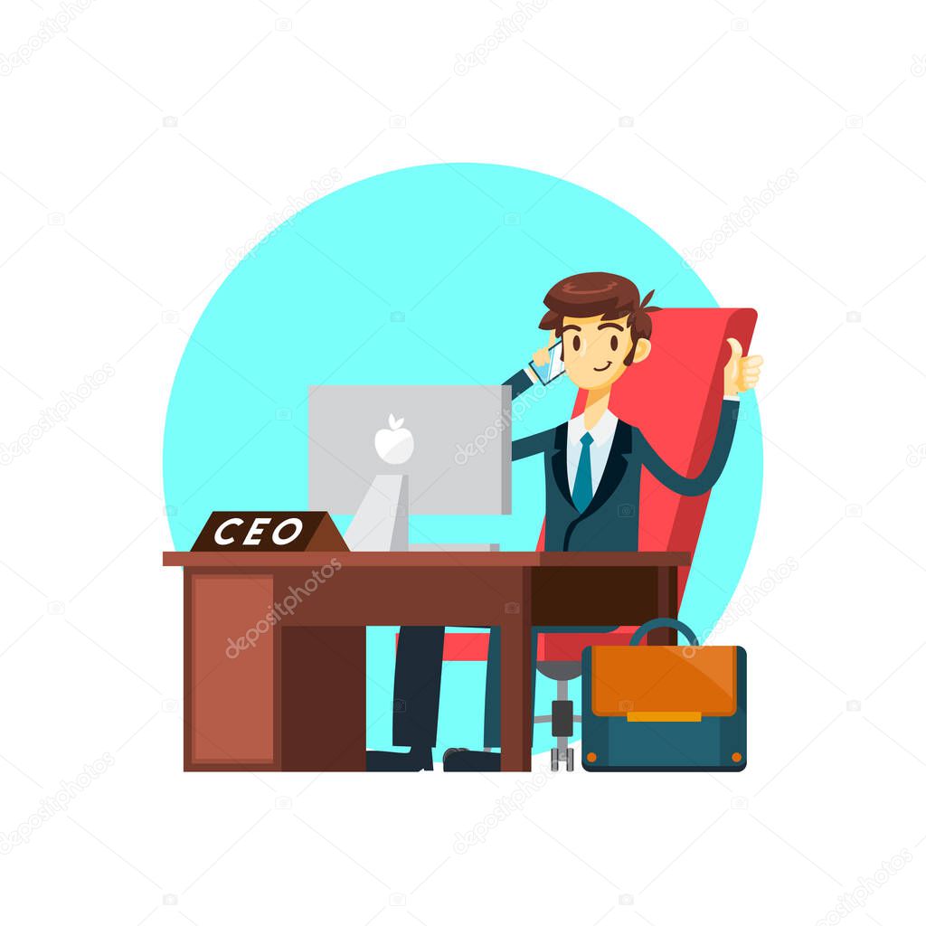 businessman cartoon character sit in front of his desk raising his thumb